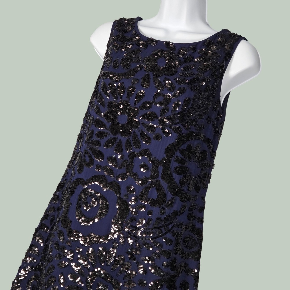 Aidan Mattox Women 6 Pure Silk Sleeveless Shift Dress Navy Blue Floral Sequin